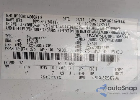 2015 Ford C-Max Hybrid Sel z USA, uszkodzony, nr VIN 1FADP5BU8FL106834